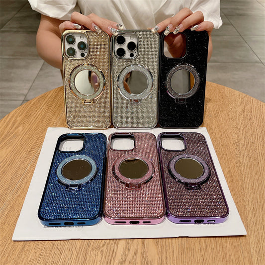 Glitter Bling Diamond Mirror with Stand Holder Magnetic Case for iPhone, Compatible with MagSafe Wireless Charging